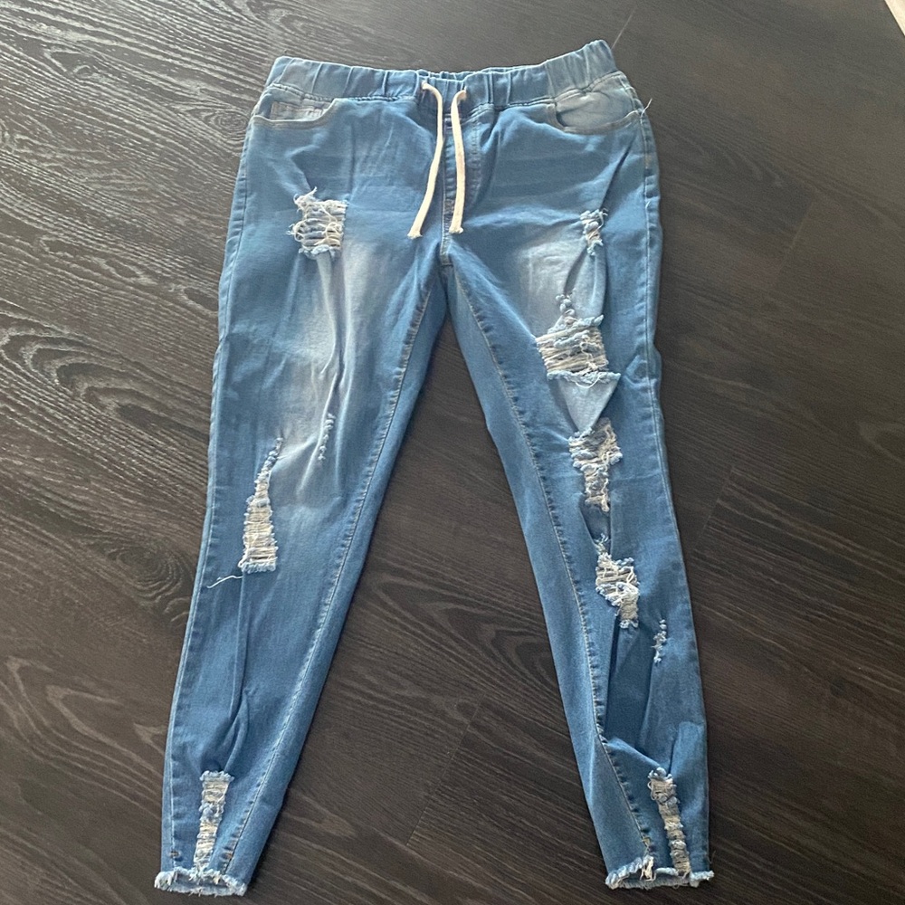 Blue Denim Distressed Jogger Pants